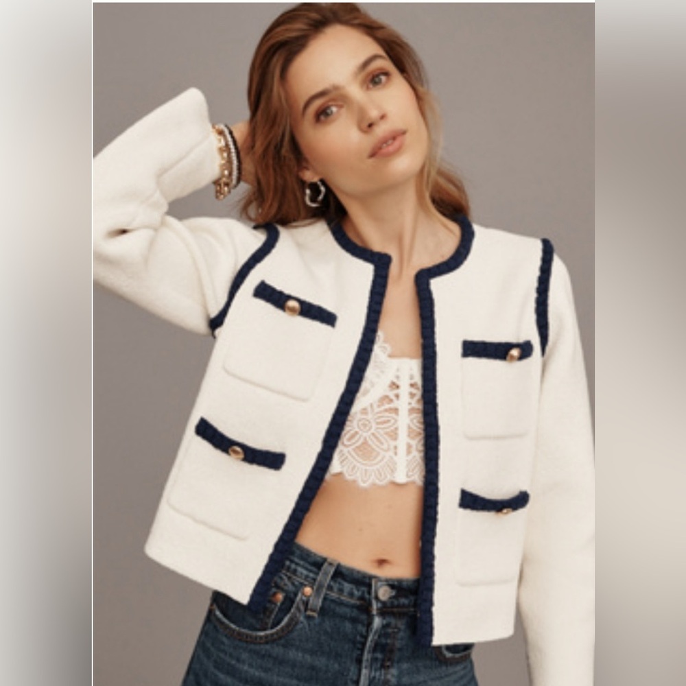 Anthropologie Maeve Collarless Tipped Cardigan Jacket Navy/White XXS NWOT